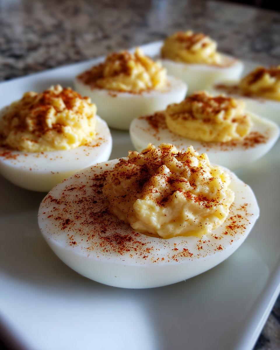 Close-up of a plate of Classic Deviled Eggs, garnished with paprika.