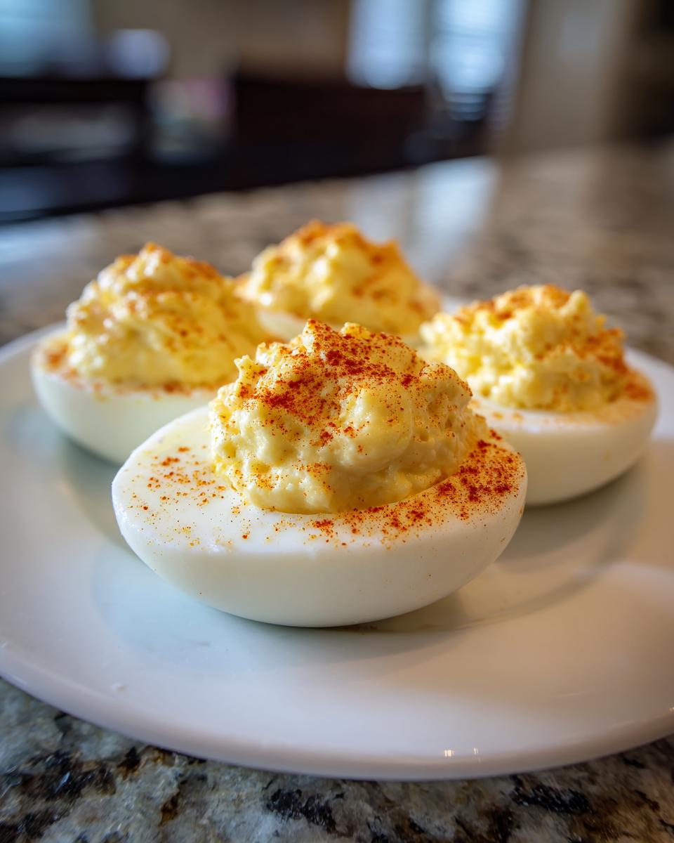 Close-up of four Classic Deviled Eggs on a white plate, garnished with paprika.