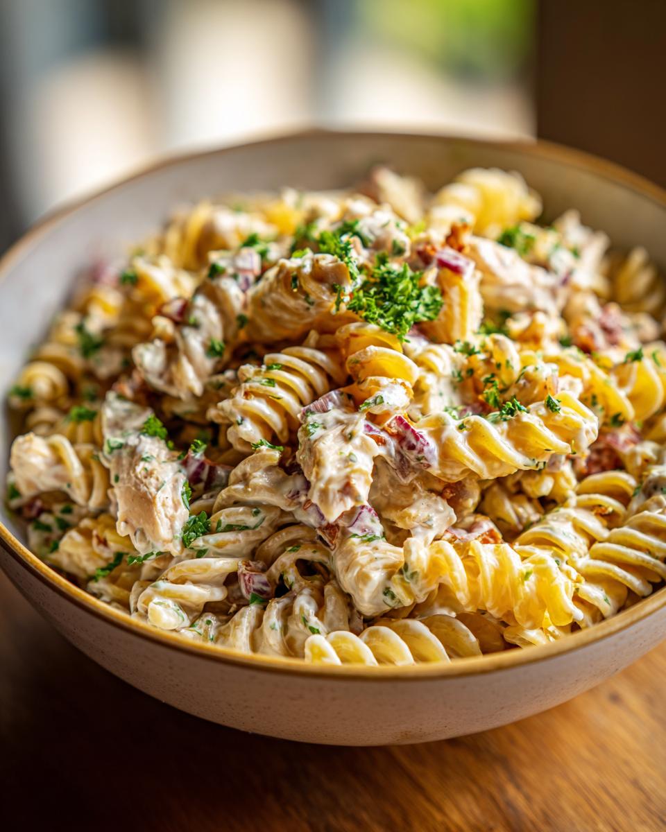 Close-up of a creamy pasta salad and chicken in a bowl, garnished with parsley.