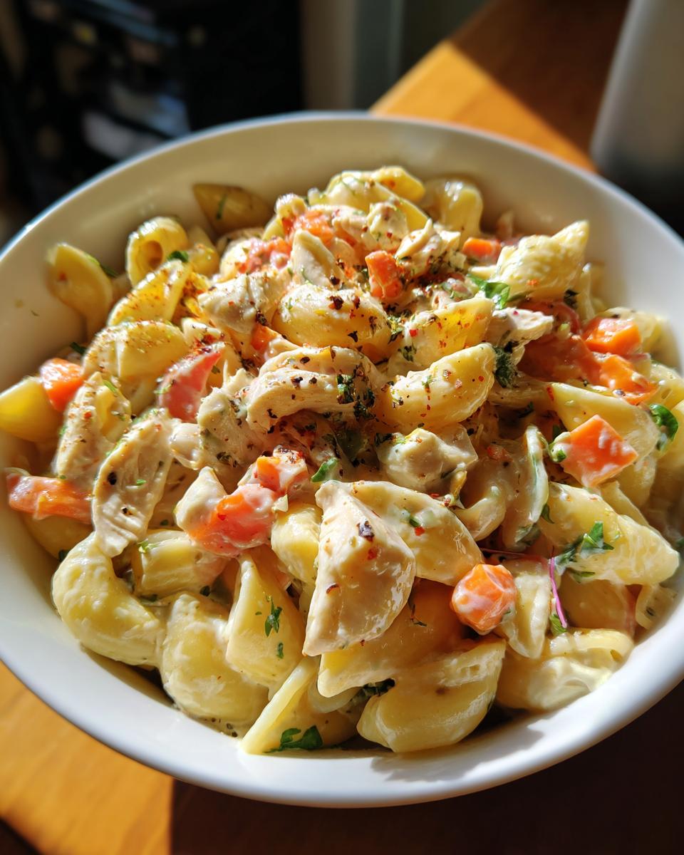 Close-up of a bowl of creamy pasta salad and chicken with carrots and herbs.