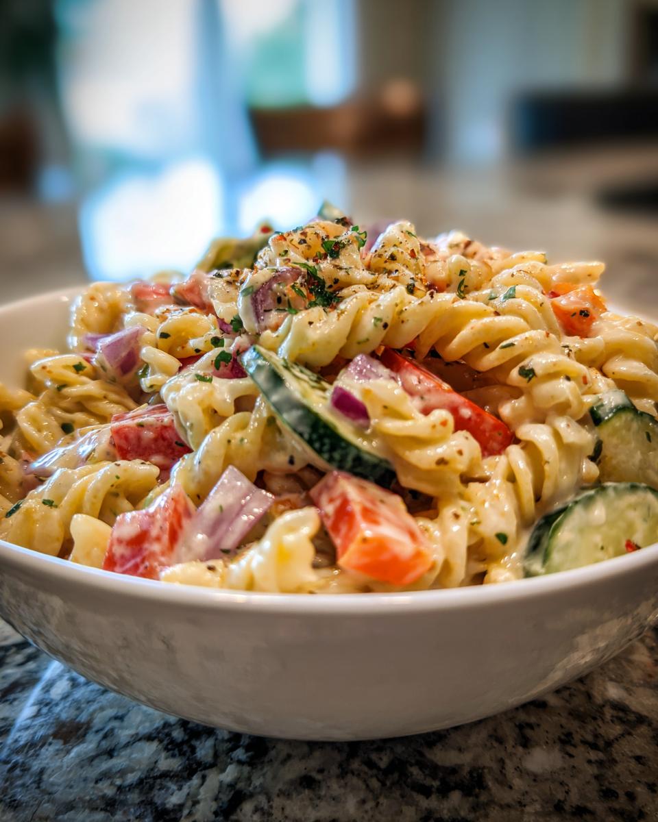 Close-up of a bowl of creamy pasta salad with rotini pasta, tomatoes, cucumbers, and red onion. How do you make pasta salad?