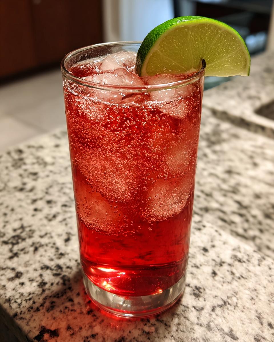A tall glass of The Driveway Drink, a refreshing red beverage with ice and a lime wedge.