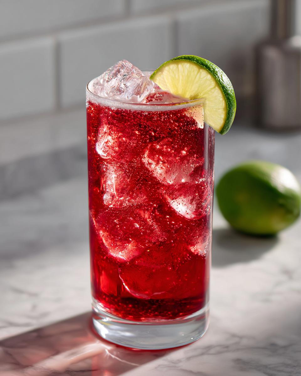 A tall glass filled with The Driveway Drink, ice, and a lime wedge for a refreshing beverage.