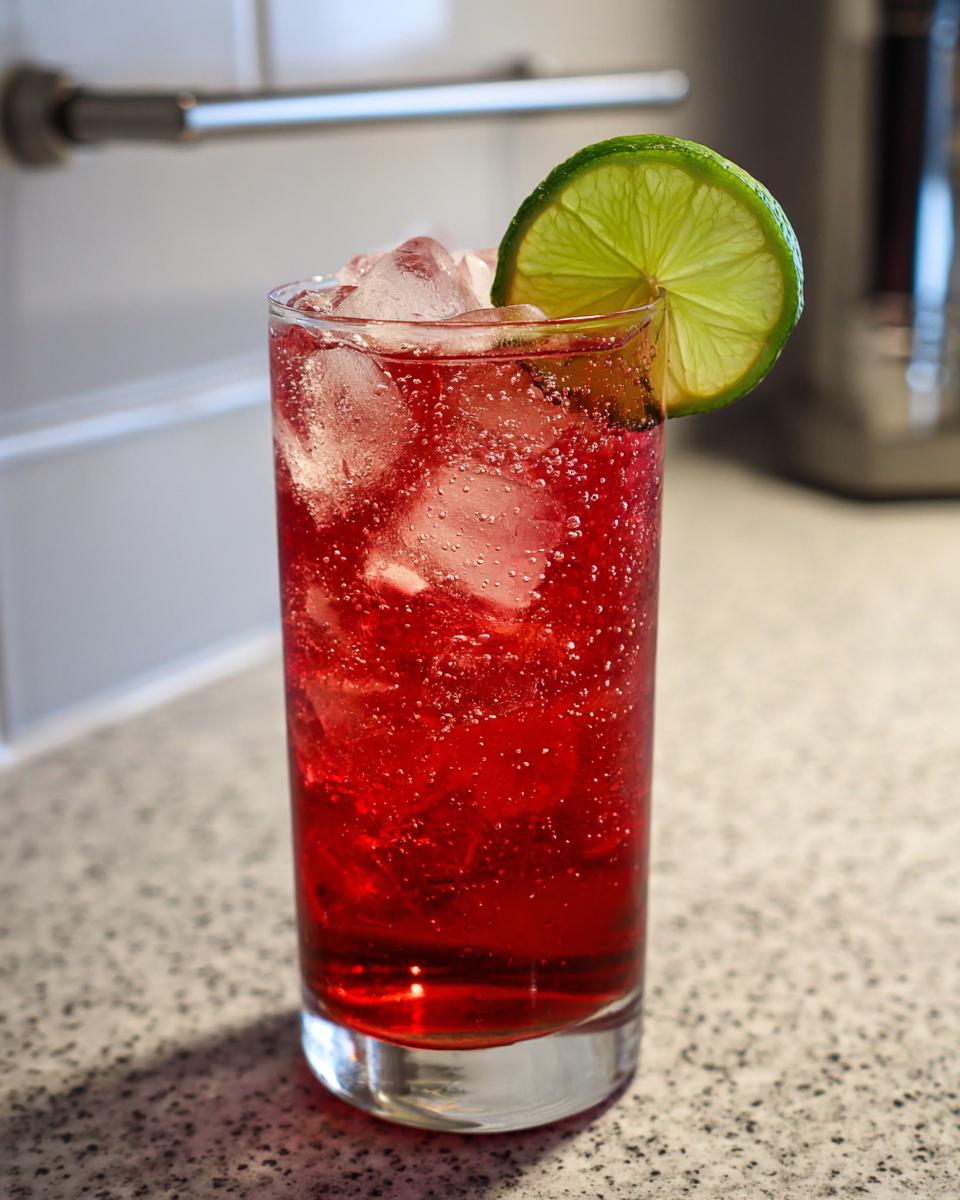 A tall glass of The Driveway Drink, a refreshing red beverage with ice and a lime garnish.