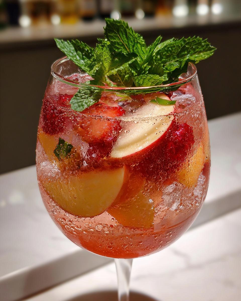 Close-up of a refreshing fruity cocktail with peaches, strawberries, mint, and ice; a 20 Refreshing Fruity Cocktails recipe.