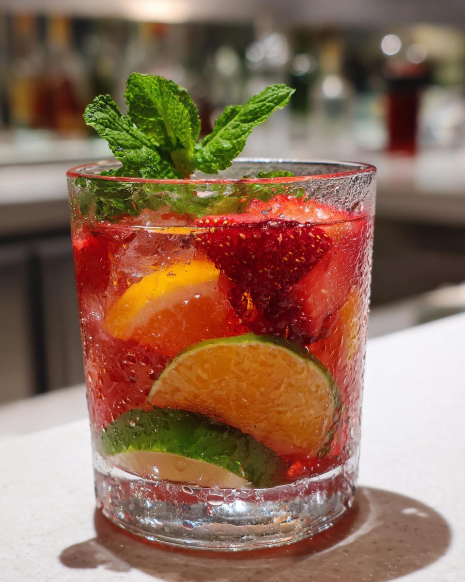 Close-up of a refreshing fruity cocktail with strawberries, orange, lime, and mint, a perfect 20 Refreshing Fruity Cocktails.