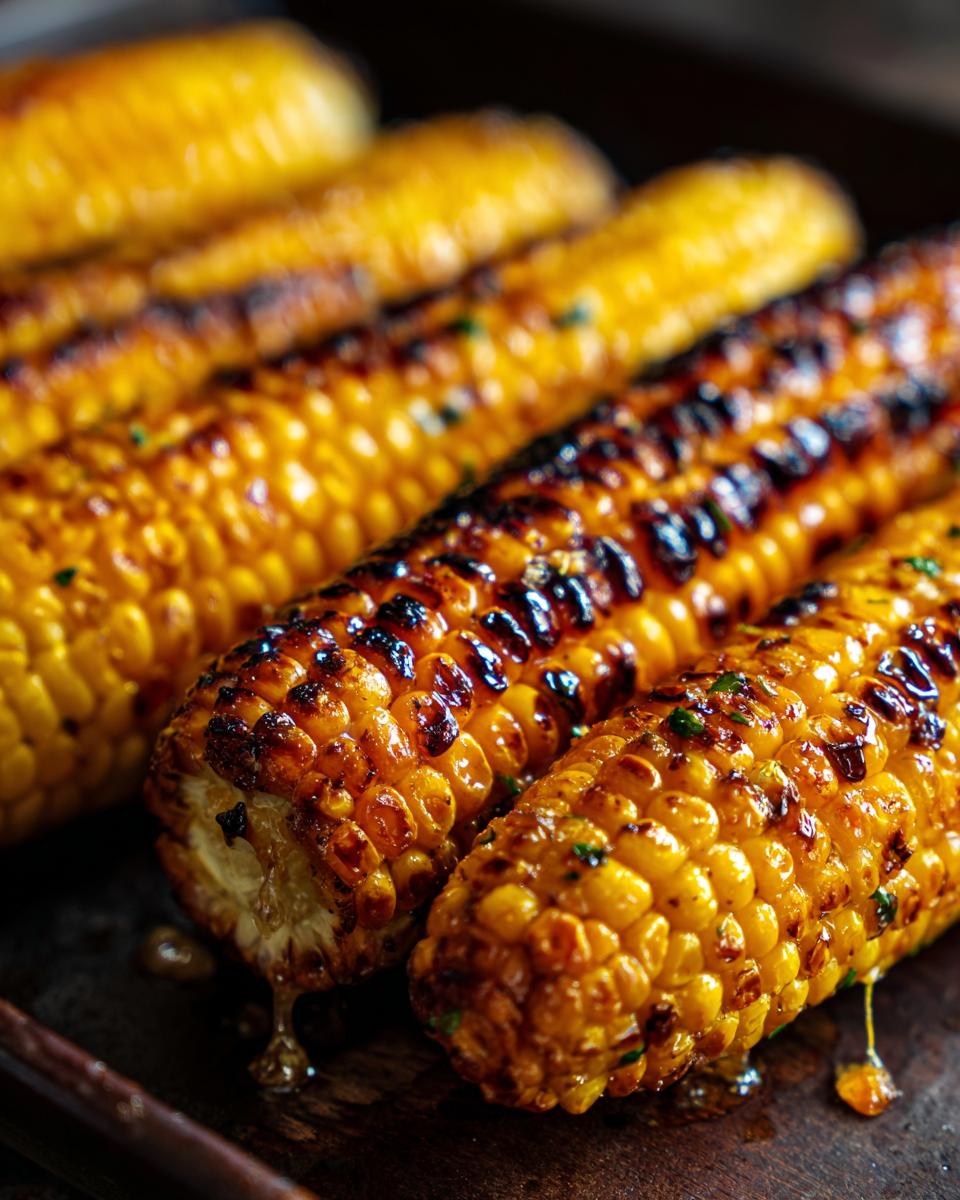 Close-up of grilled corn on the cob with garlic herb butter, showing grill marks and glistening butter.