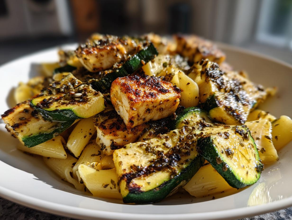 Close-up of grilled halloumi and zucchini pasta salad on a white plate, a delicious and healthy meal.
