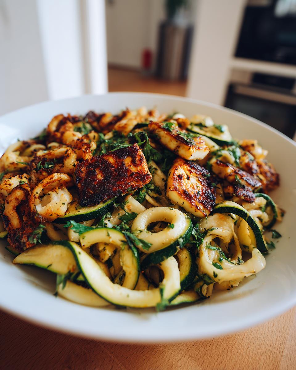 Close-up of grilled halloumi and zucchini pasta salad in a white bowl, showing halloumi, zucchini, and herbs.
