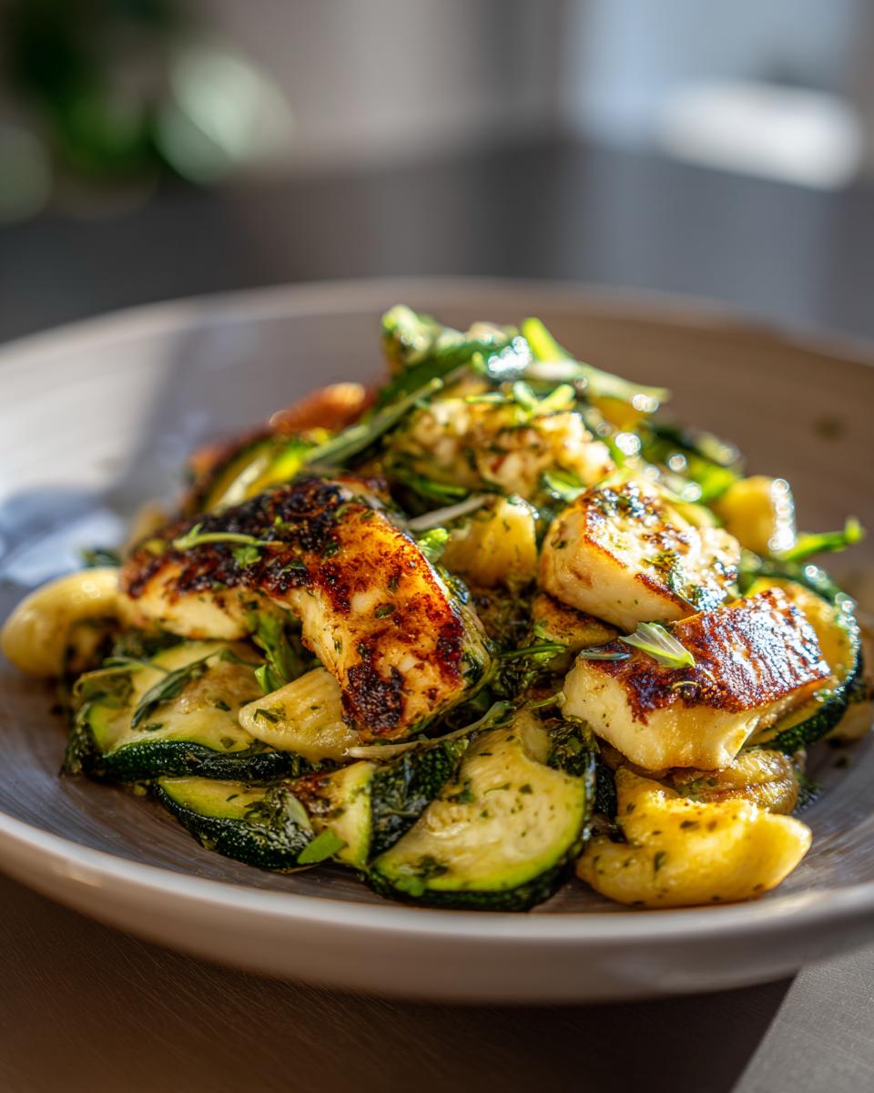 Close-up of grilled halloumi and zucchini pasta salad in a bowl, with fresh herbs.