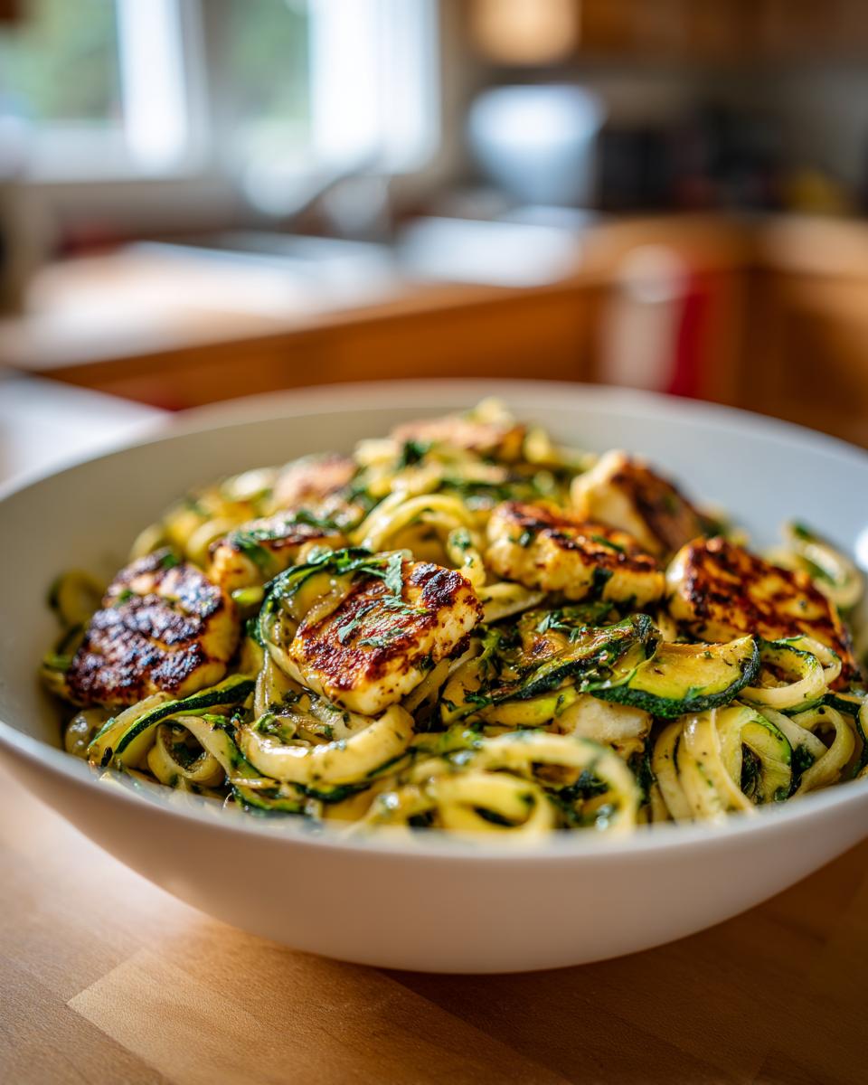 Close-up of a bowl of grilled halloumi and zucchini pasta salad, a delicious and healthy dish.
