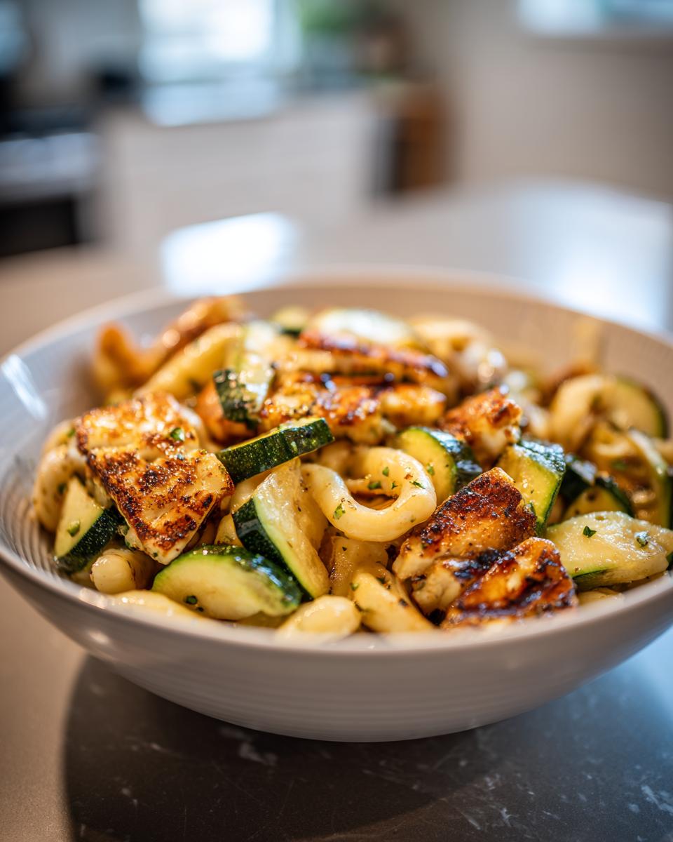 Close-up of a bowl of grilled halloumi and zucchini pasta salad, a delicious summer meal.