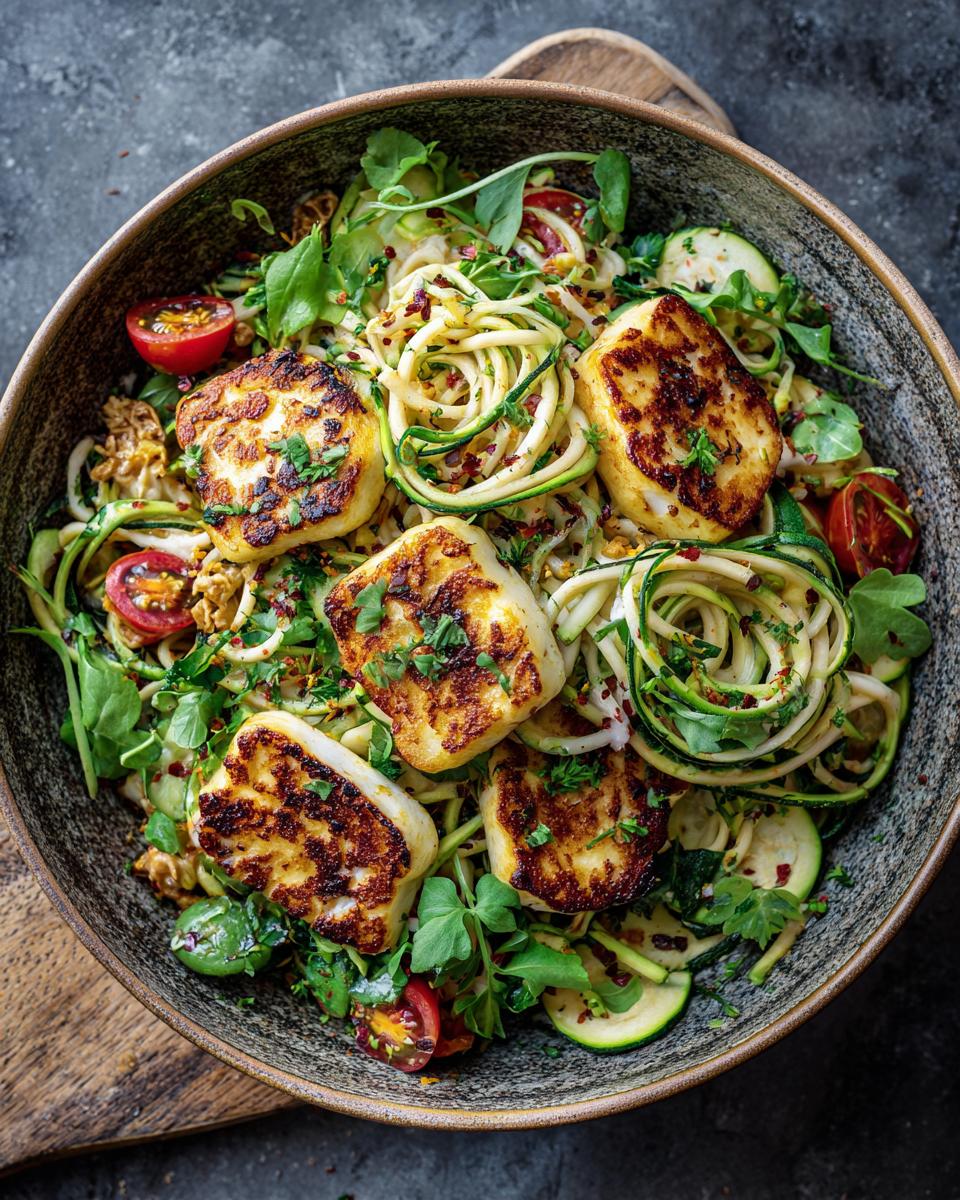Overhead shot of a vibrant grilled halloumi and zucchini pasta salad in a bowl, with fresh ingredients.