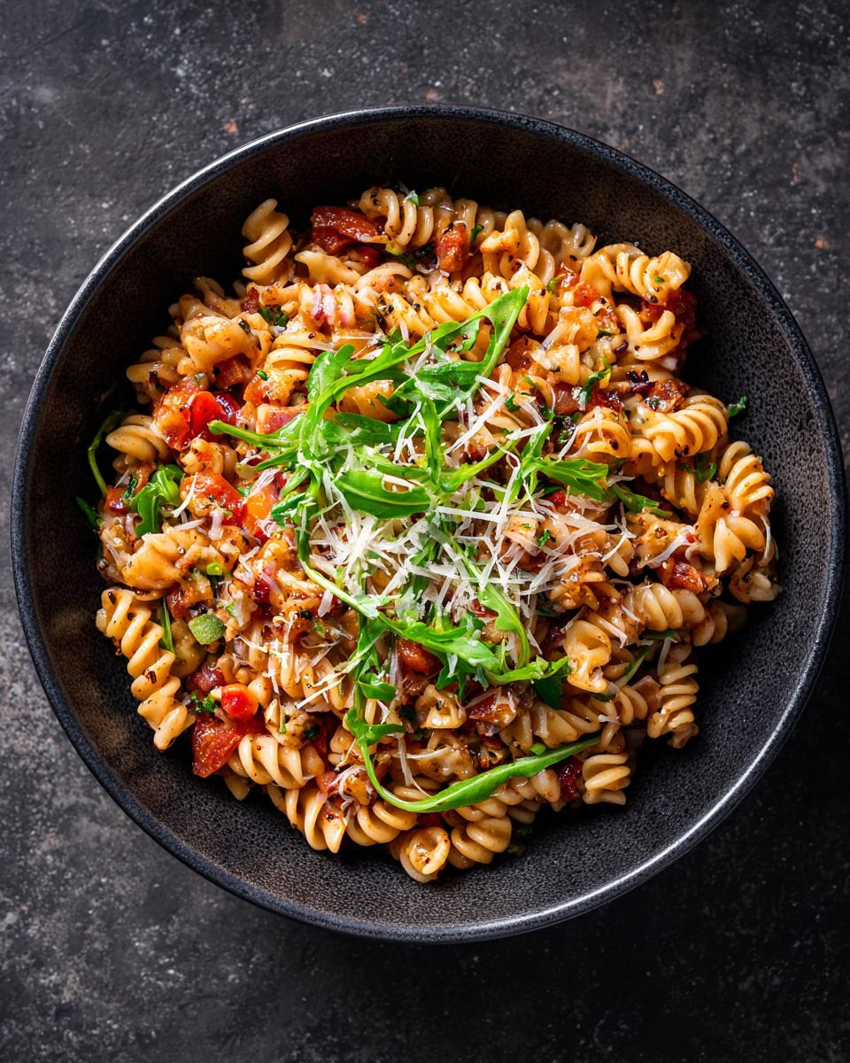 Overhead shot of a healthy pasta salad with arugula and parmesan cheese. This is one of the pasta salad healthy recipes.