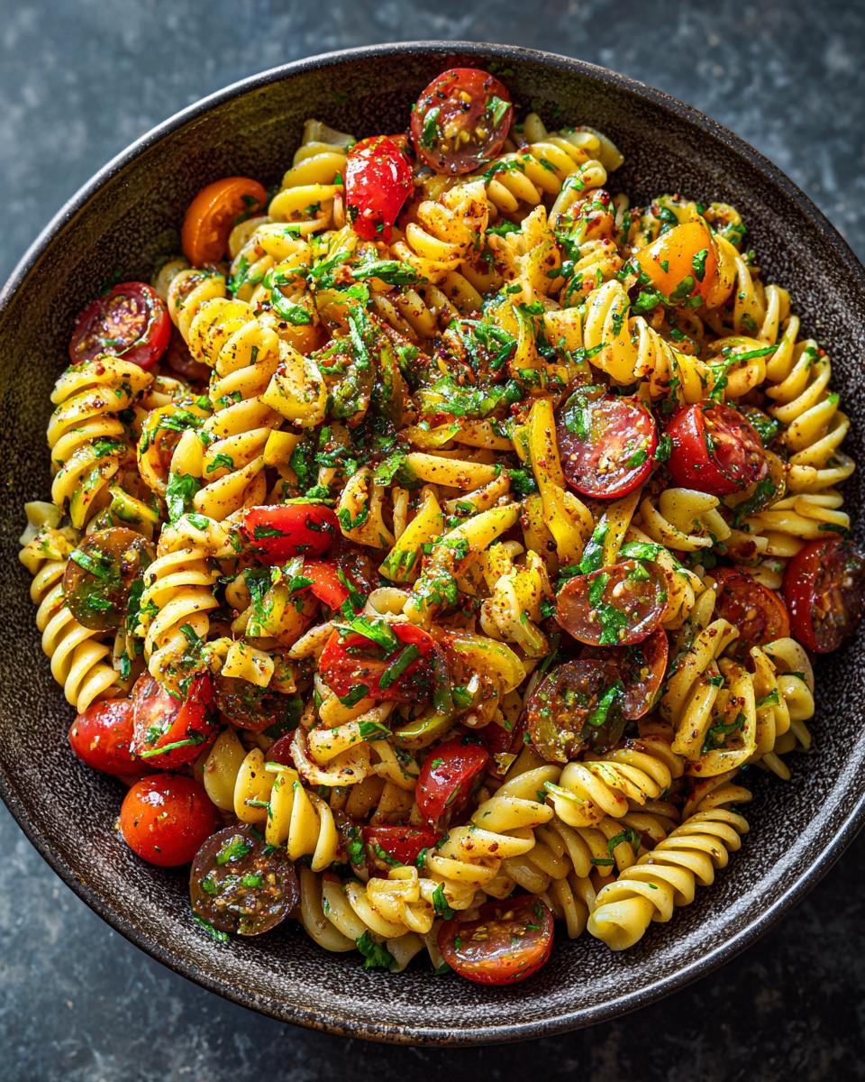 Close-up of a bowl of pasta salad healthy recipes with cherry tomatoes and herbs.