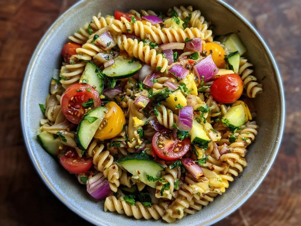 Overhead shot of a vibrant pasta salad with tomatoes, cucumber, red onion, and herbs. This is a healthy pasta salad recipe.