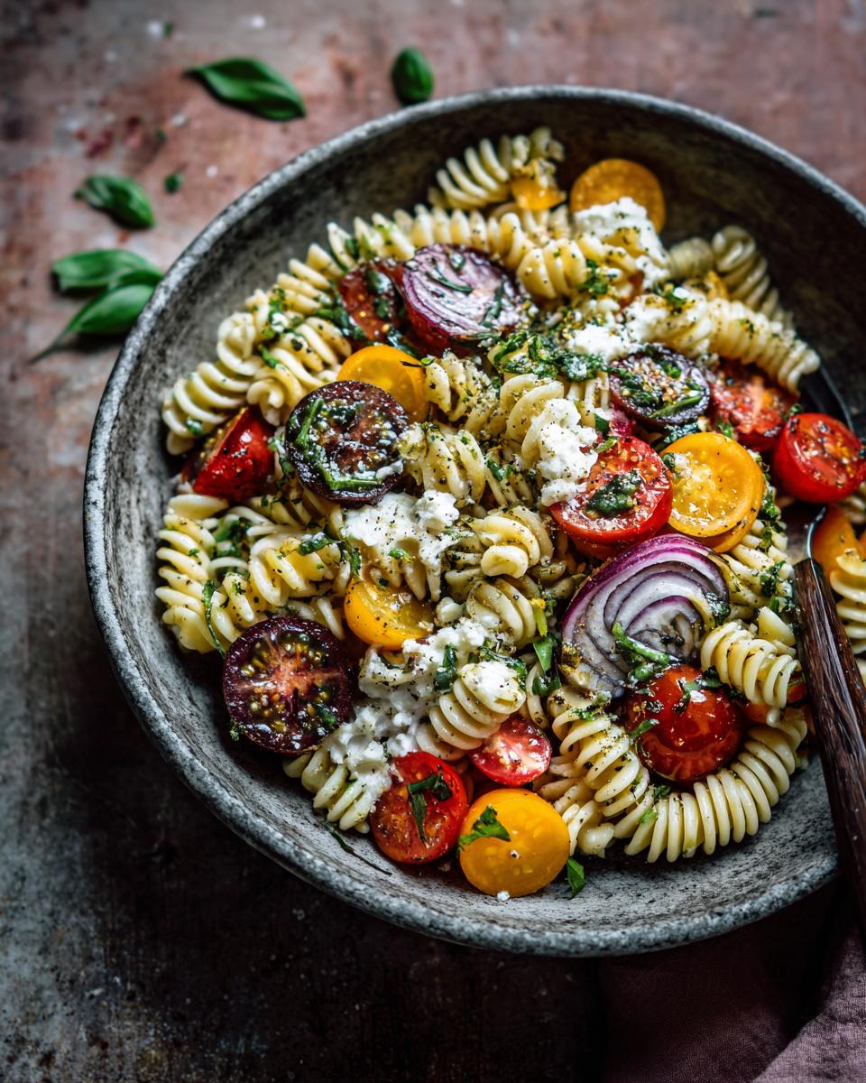 Close-up of a vibrant pasta salad with tomatoes, red onion, and fresh basil, a healthy recipe.