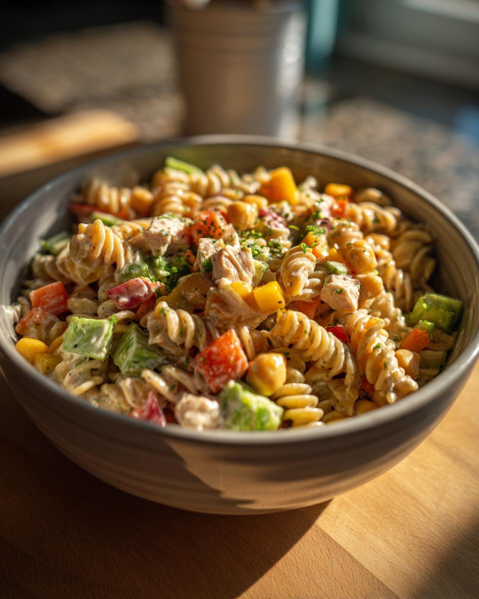 Close-up of a bowl of high protein pasta salad with vegetables and chicken.