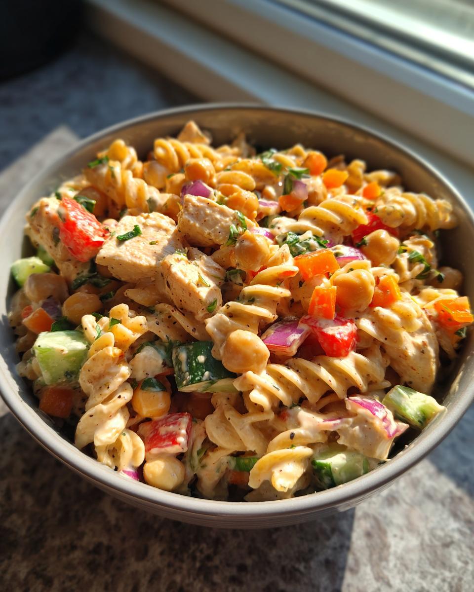 A bowl of delicious pasta salad high protein with chicken, chickpeas, and vegetables.