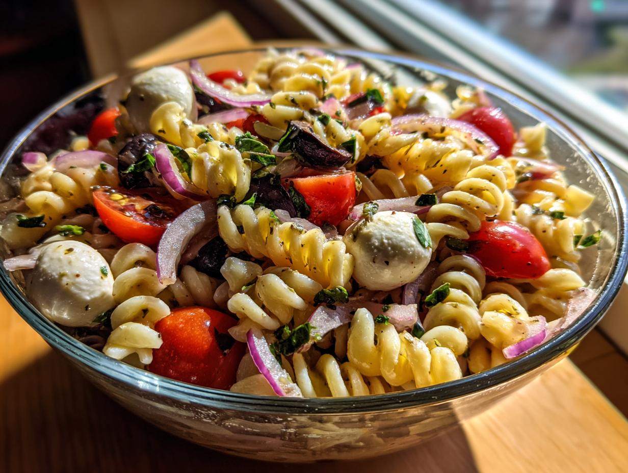 Close-up of a bowl of quick and easy Italian pasta salad, featuring pasta, tomatoes, mozzarella, and olives.