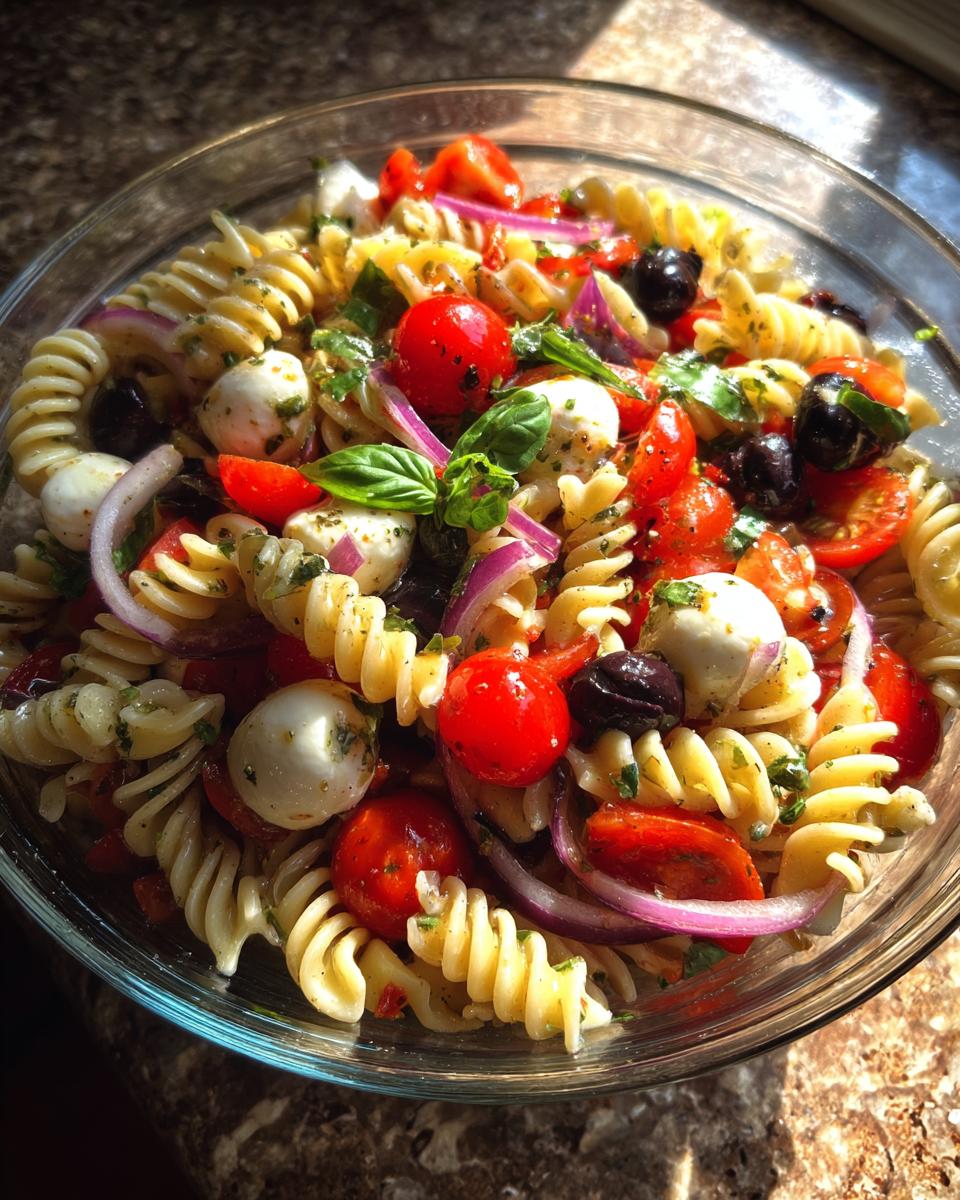Close-up of a vibrant Italian pasta salad with tomatoes, mozzarella, and olives; a quick and easy Italian pasta salad recipe.