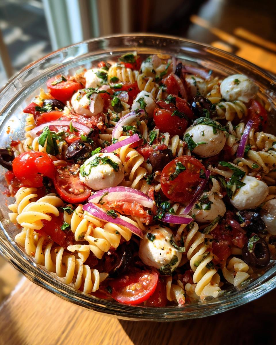 Close-up of a bowl of Italian pasta salad, featuring mozzarella, tomatoes, and olives. This is one of our quick and easy Italian pasta salad recipes.