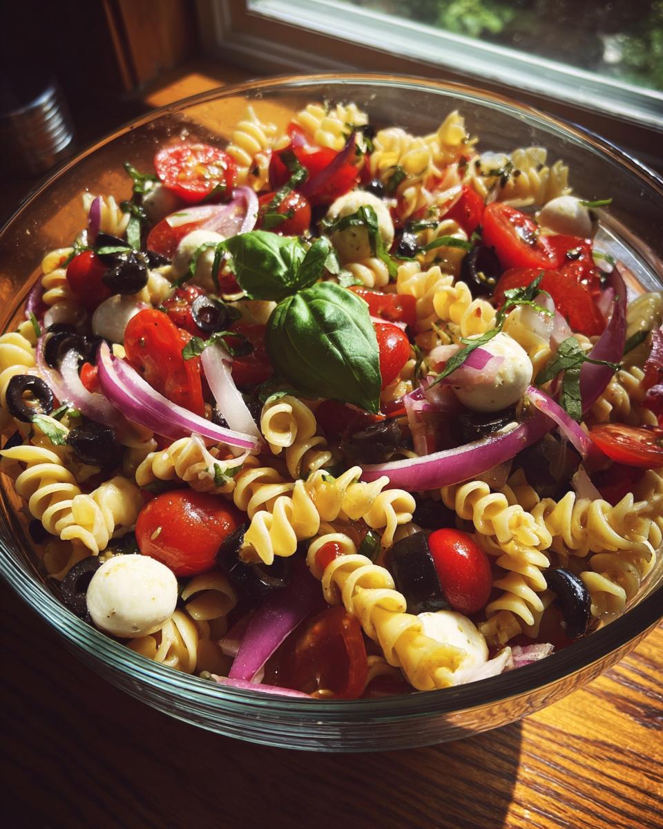 Close-up of a bowl of quick and easy Italian pasta salad with tomatoes, mozzarella, olives, and basil.