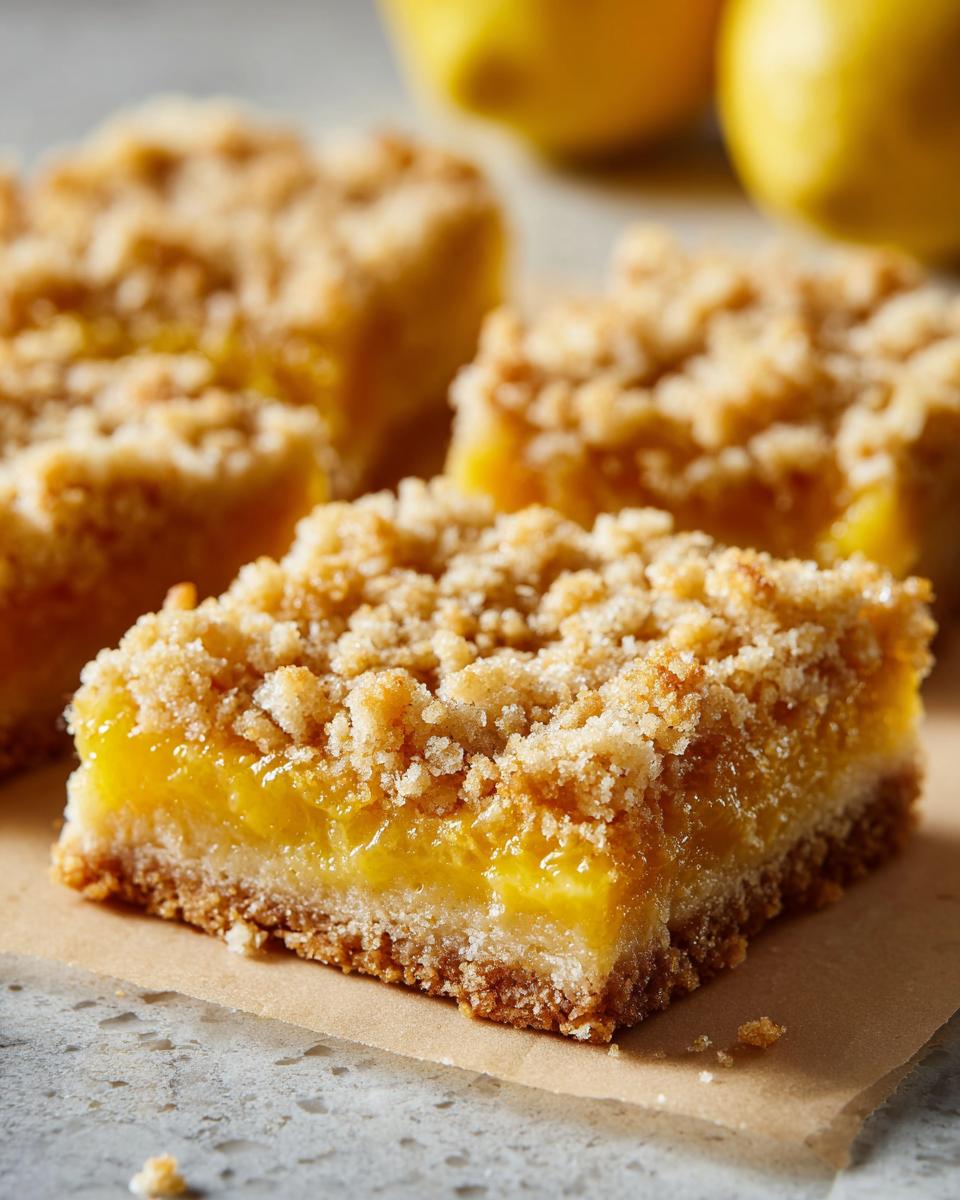 Close-up of a square Lemon Crumb Bar with a crumb topping, showing the layers of the dessert.
