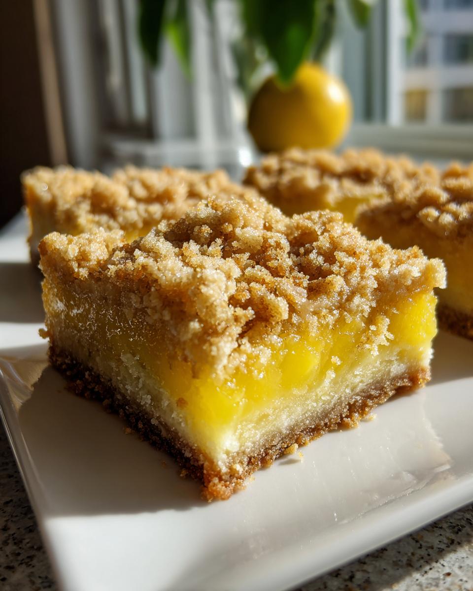 Close-up of a delicious Lemon Crumb Bar on a white plate, showing the layers of crust, lemon filling, and crumb topping.
