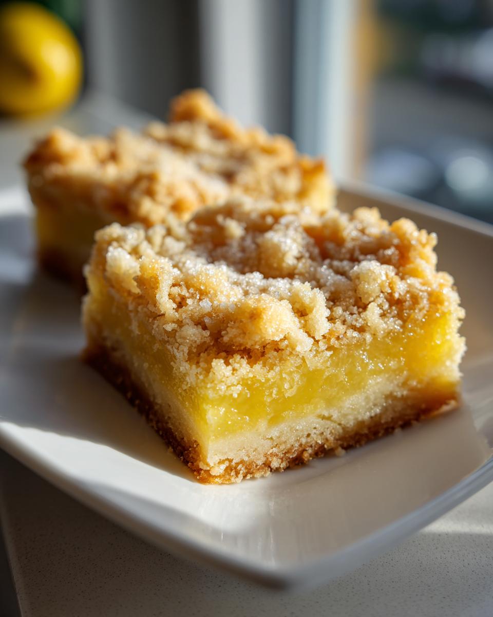 Close-up of two delicious Lemon Crumb Bars on a white plate, showing the crumb topping and lemon filling.