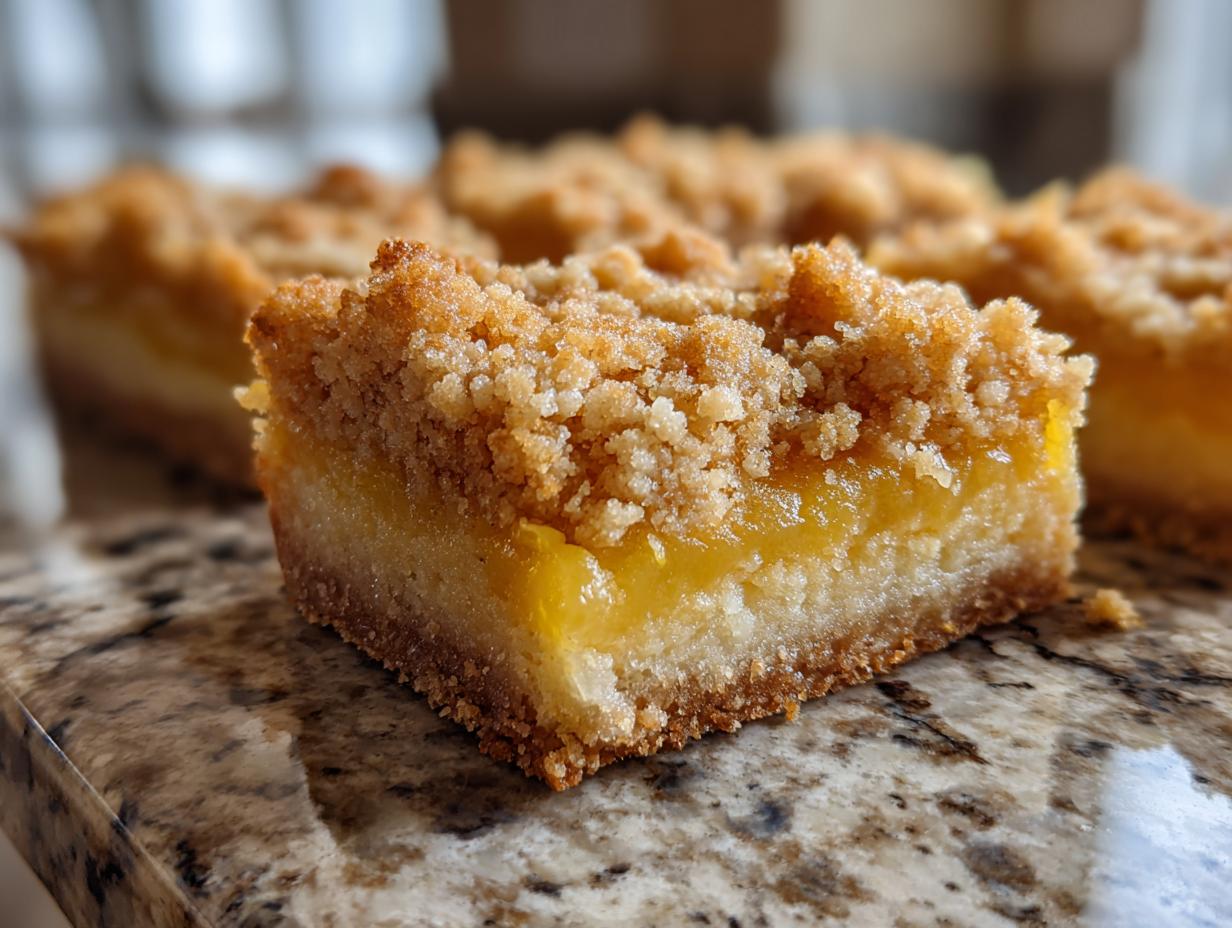 Close-up of a delicious Lemon Crumb Bar with a crumb topping, perfect for dessert.
