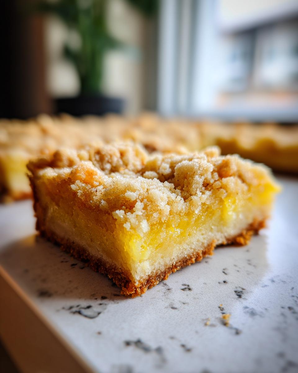 Close-up of a slice of Lemon Crumb Bars, showing the crumb topping and lemon filling.