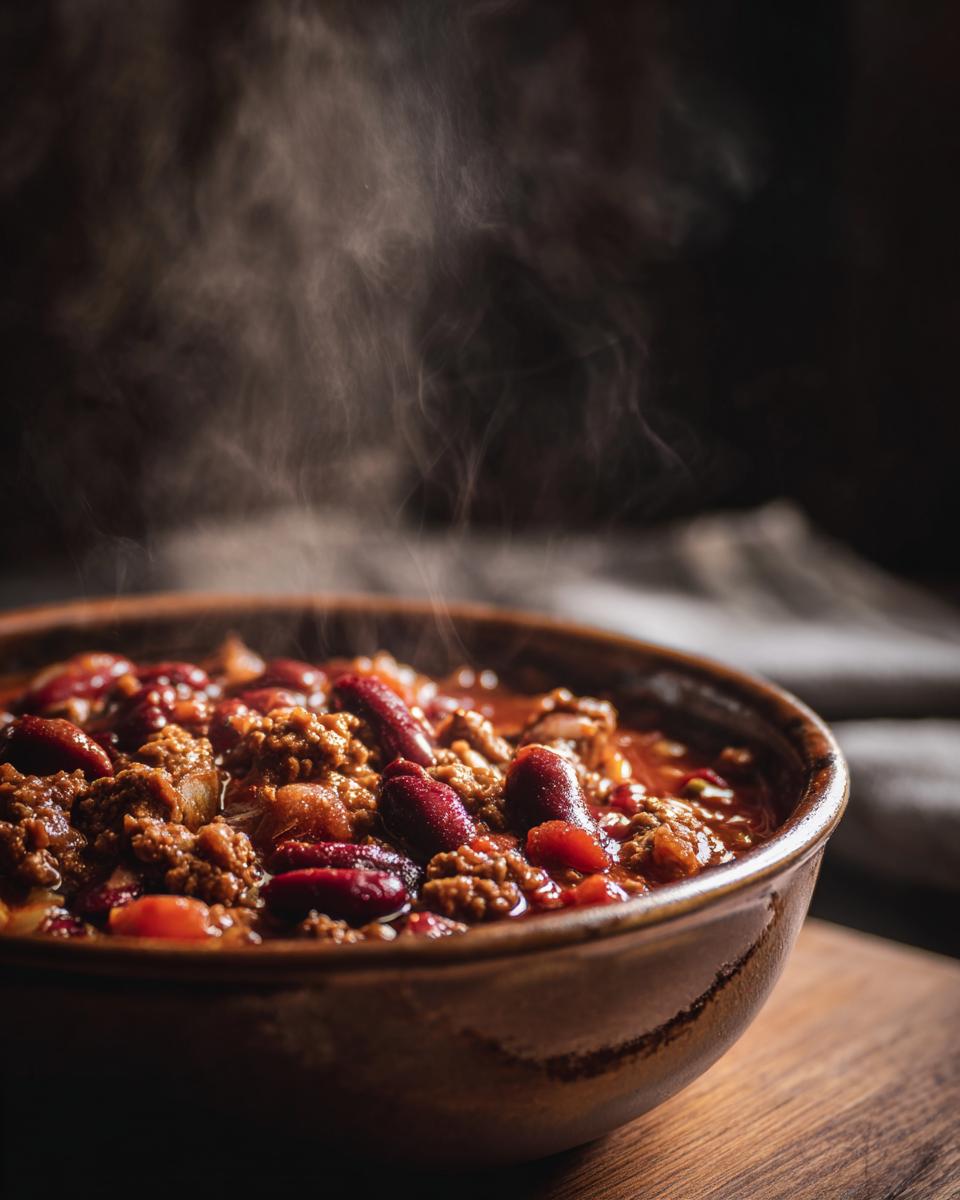 A steaming bowl of chili, perfect for one-pot and slow cooker meals, with beans and meat.