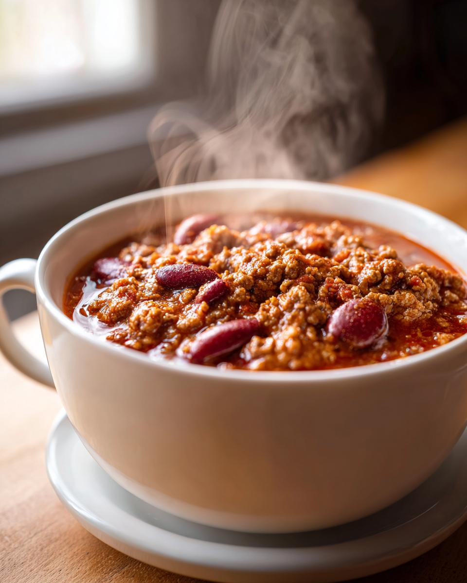 A steaming bowl of chili, perfect for One-Pot & Slow Cooker Wonders. Includes ground meat and kidney beans.
