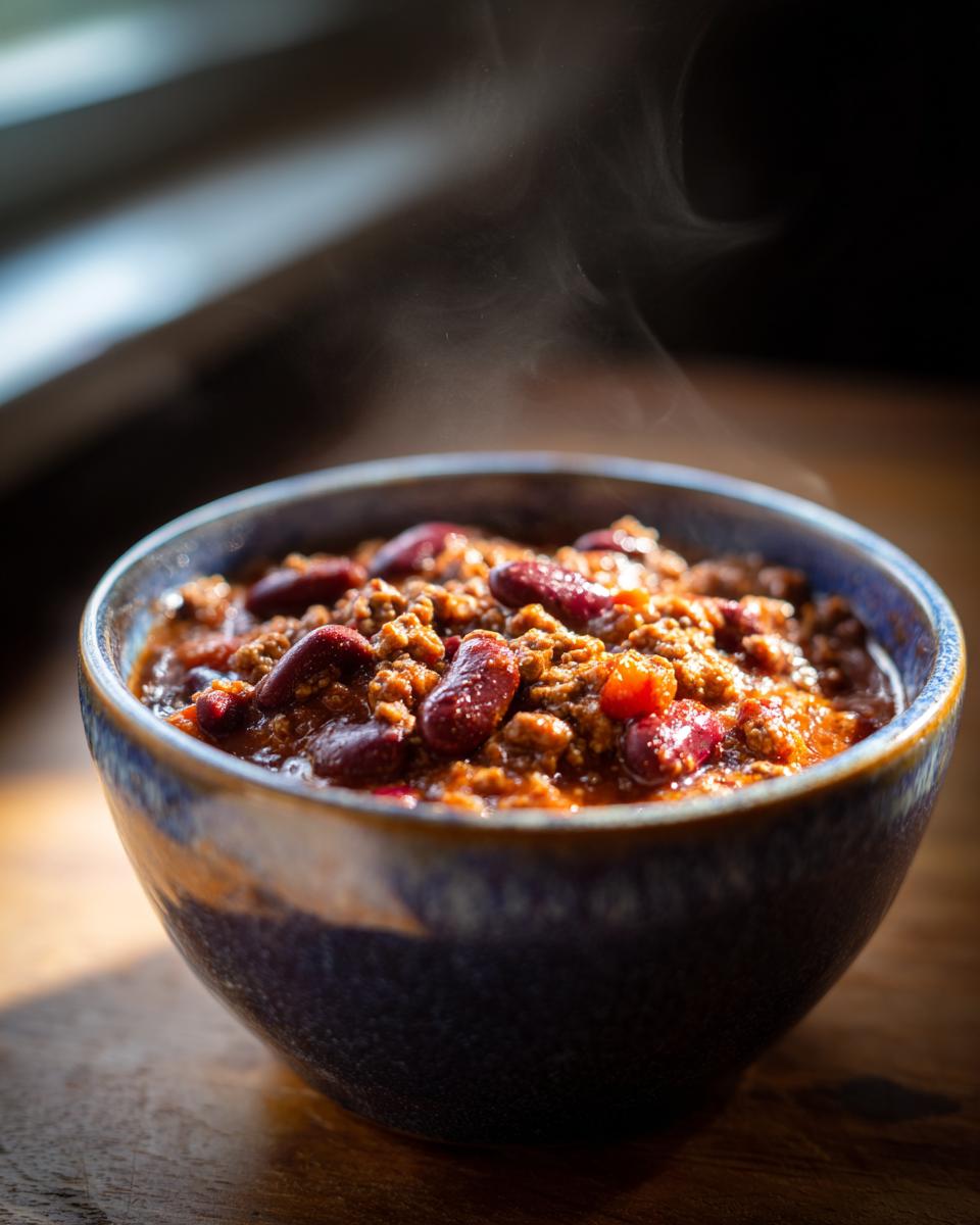 Close-up of a bowl of steaming chili, a delicious One-Pot & Slow Cooker meal.
