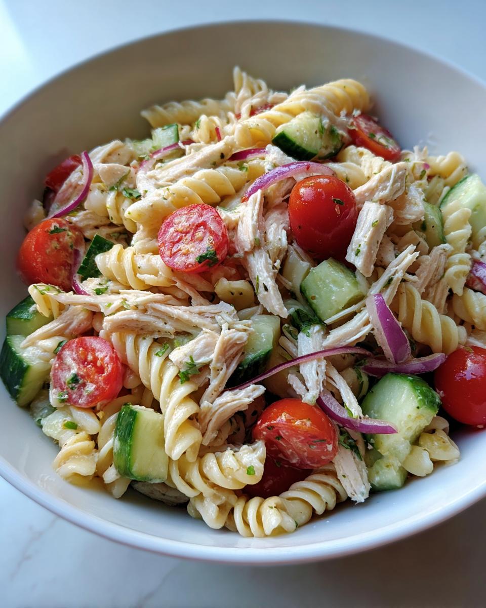 Close-up of a bowl of pasta salad and chicken with tomatoes, cucumbers, and red onion.