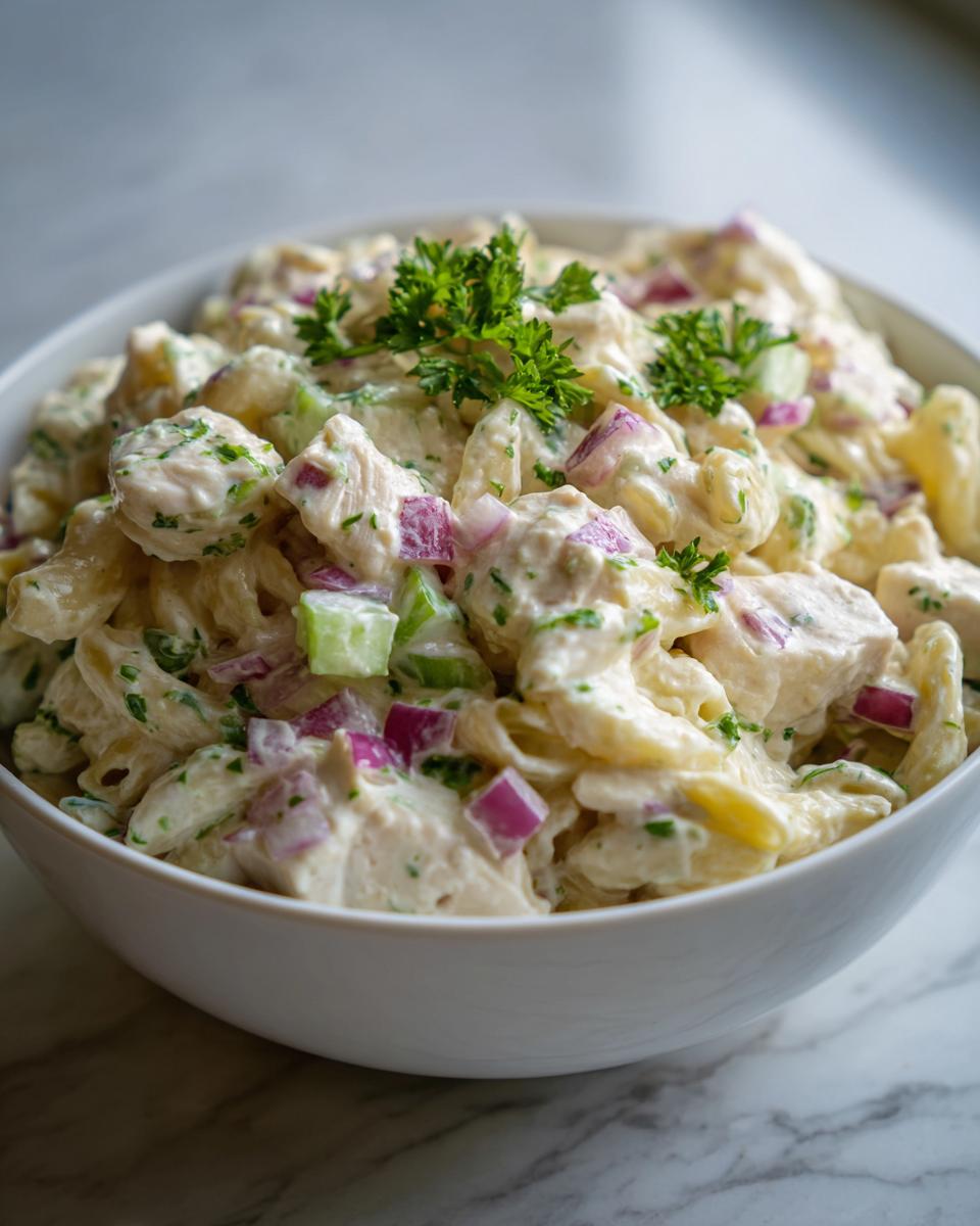 Close-up of pasta salad and chicken in a white bowl, with red onion, celery, and parsley.