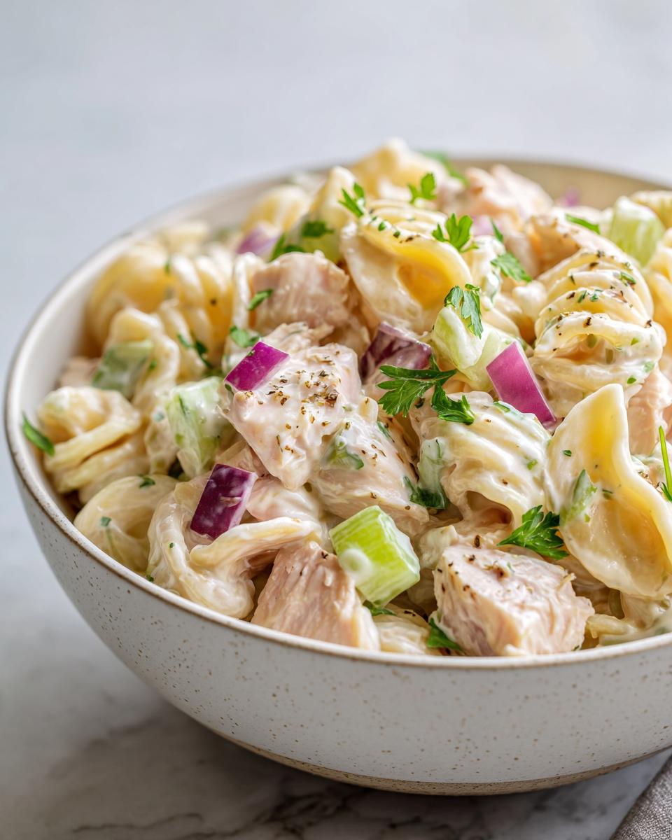 Close-up of a bowl filled with pasta salad and chicken, featuring pasta, chicken, celery, red onion, and herbs.