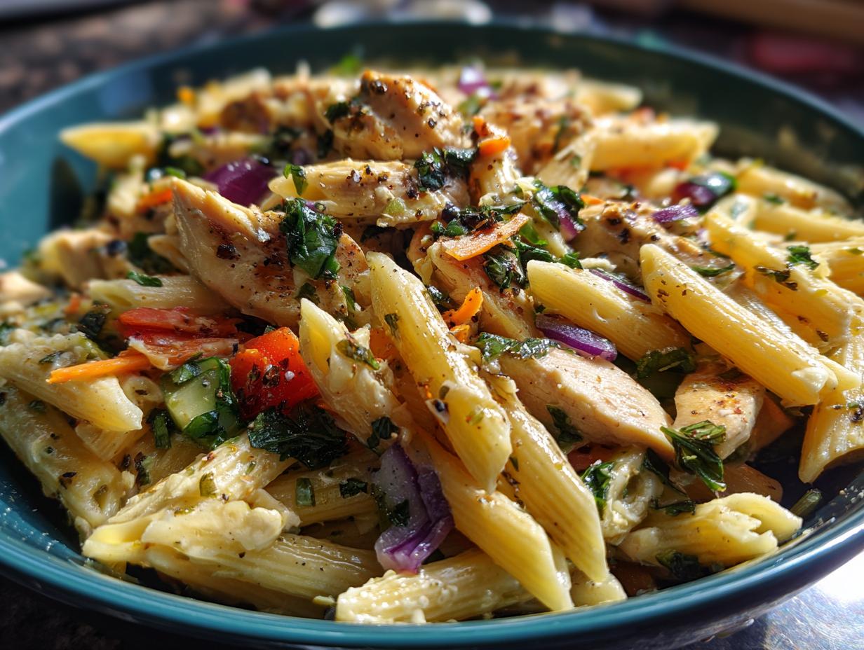 Close-up of a bowl of pasta salad and chicken with vegetables and herbs.