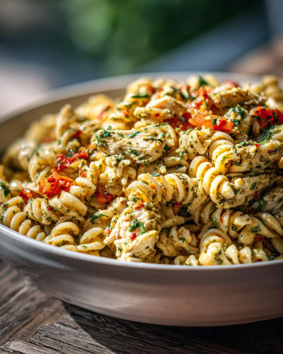 Close-up of a bowl of pasta salad and chicken, a refreshing dish.