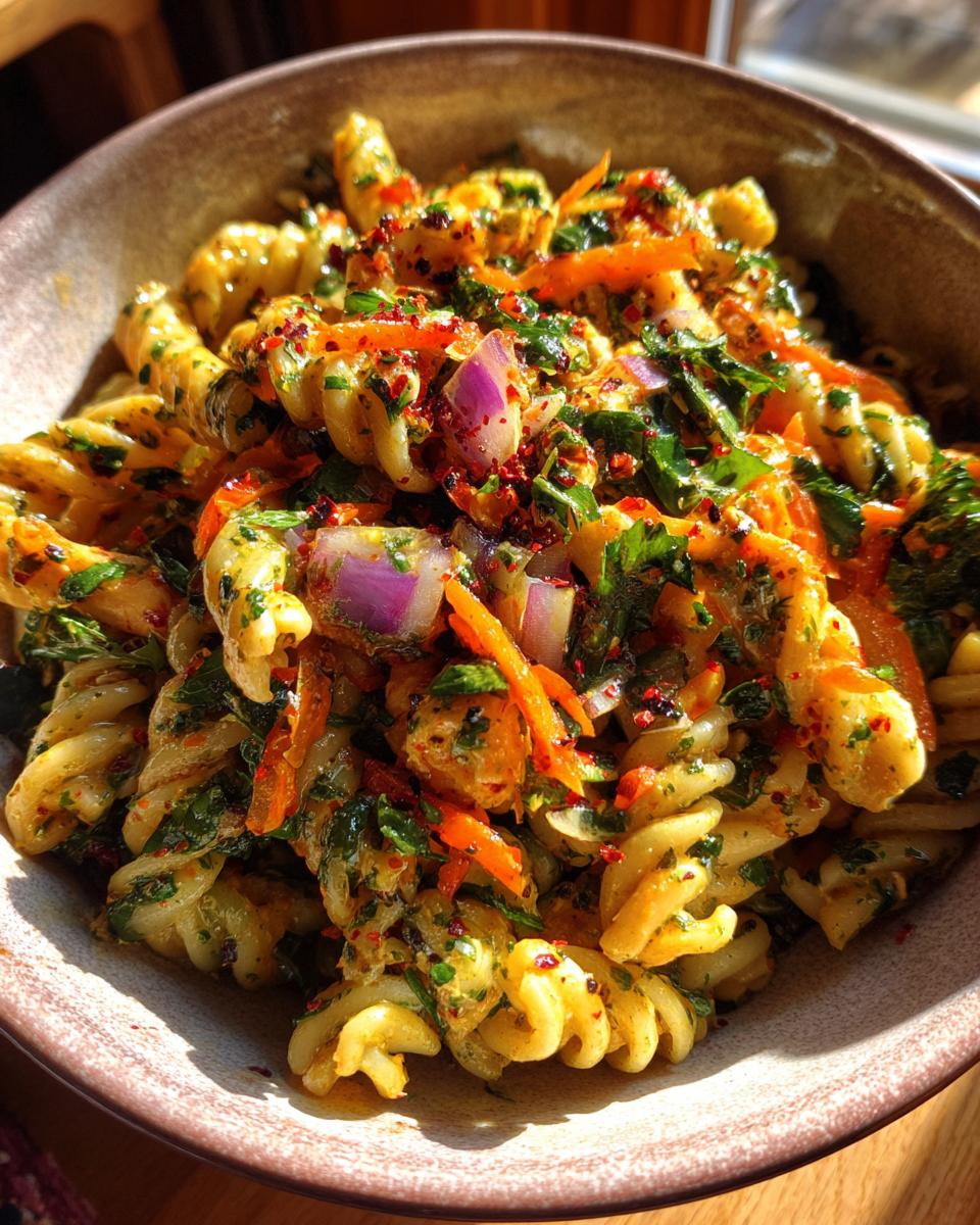 Close-up of a colorful pasta salad and chicken with carrots, red onion, and herbs.