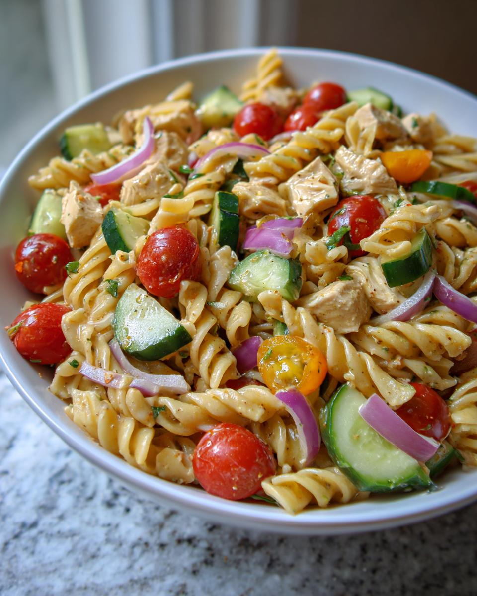 Close-up of a bowl of pasta salad and chicken with tomatoes, cucumbers, and red onion.