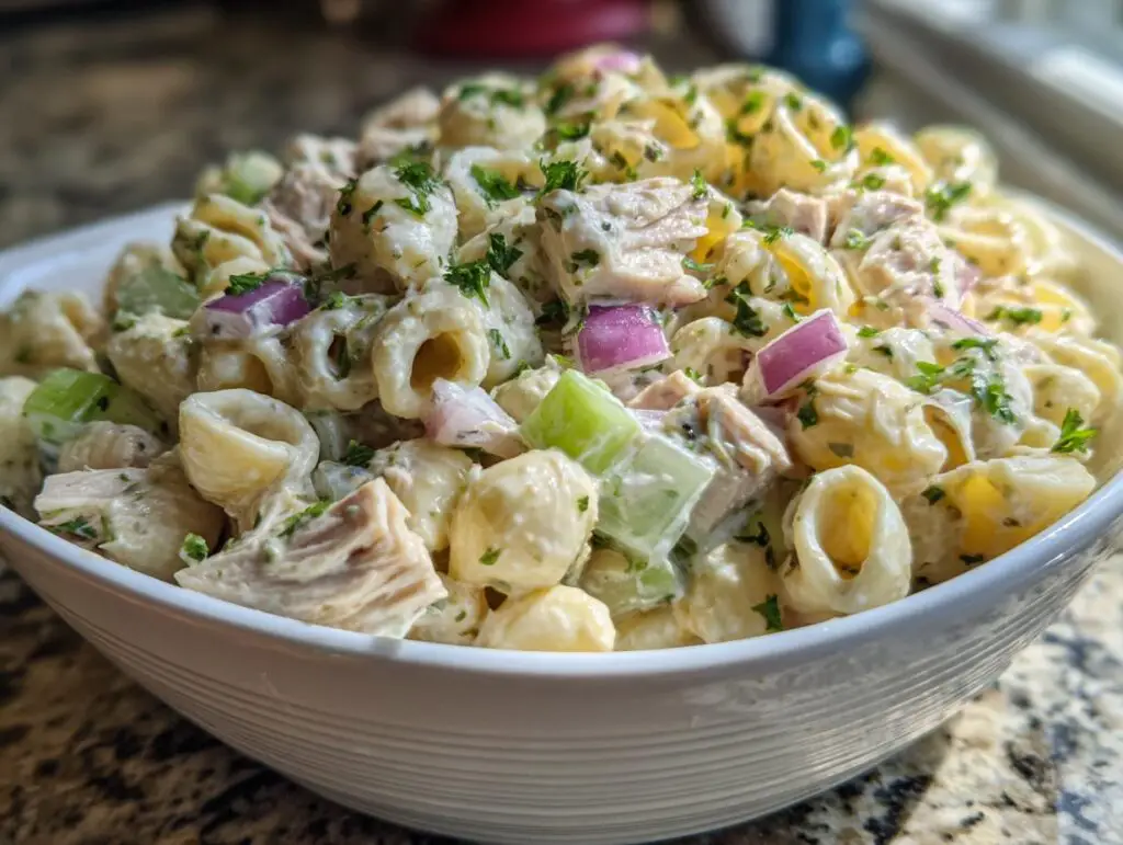 Close-up of a bowl filled with creamy pasta salad and chicken, with red onion and celery.