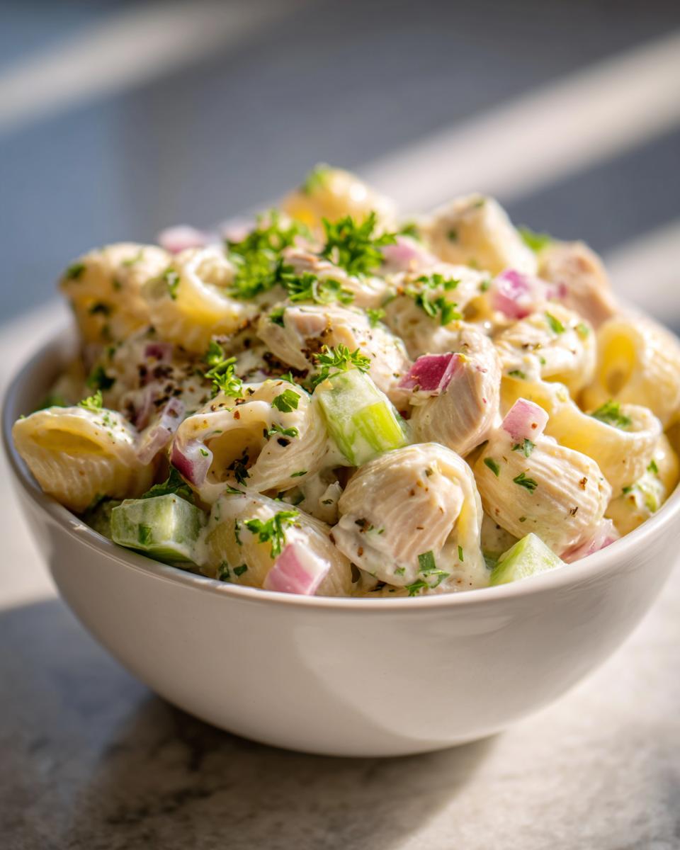 Close-up of a bowl filled with pasta salad and chicken, with red onion and herbs.