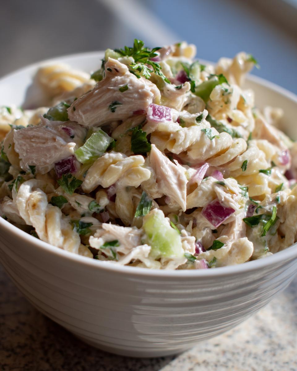 Close-up of a bowl of creamy pasta salad and chicken with red onion and herbs; a delicious pasta salad and chicken.