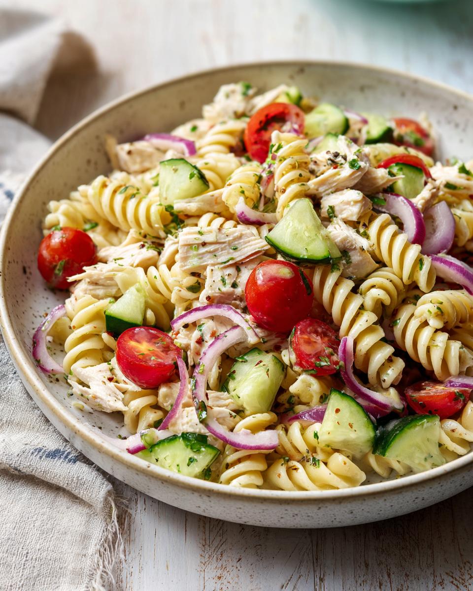Close-up of a bowl of pasta salad and chicken with tomatoes, cucumber, and red onion.