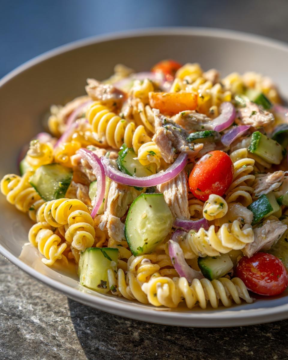 Close-up of a pasta salad and chicken with tomatoes, cucumber, and red onion.