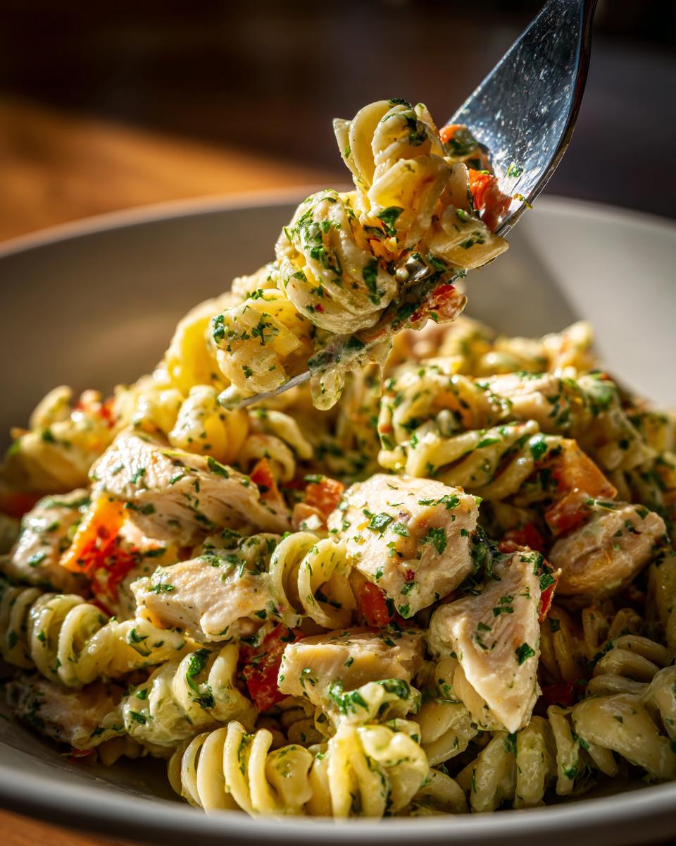 Close-up of pasta salad and chicken with a forkful being lifted from the bowl.
