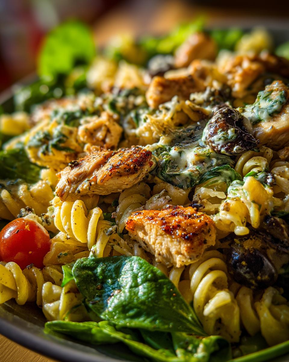 Close-up of a pasta salad and chicken dish with rotini pasta, grilled chicken, spinach, and tomatoes.