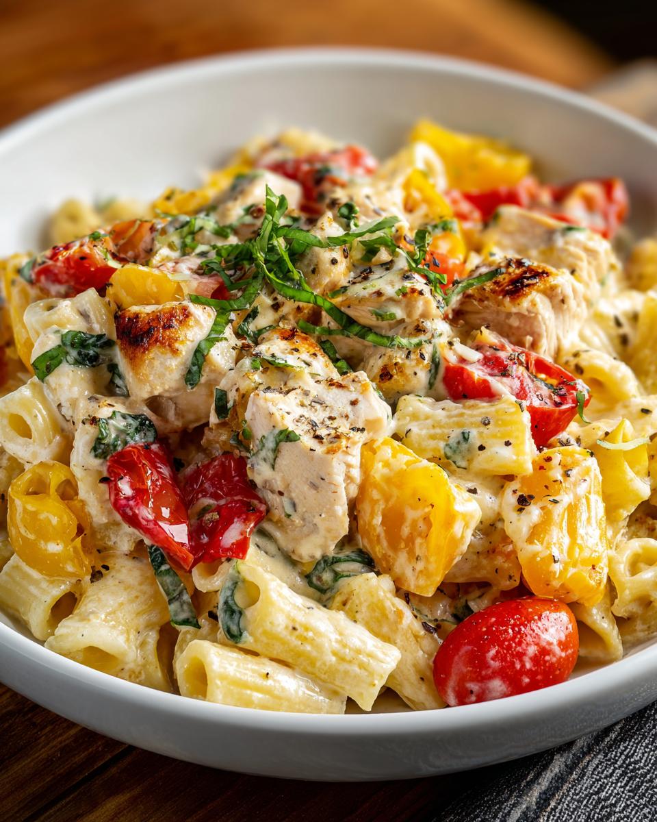 Close-up of a creamy pasta salad and chicken with tomatoes and fresh herbs, the perfect pasta salad and chicken.